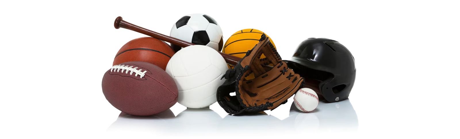 Footballs, basketball, soccer ball, baseball glove and helmet